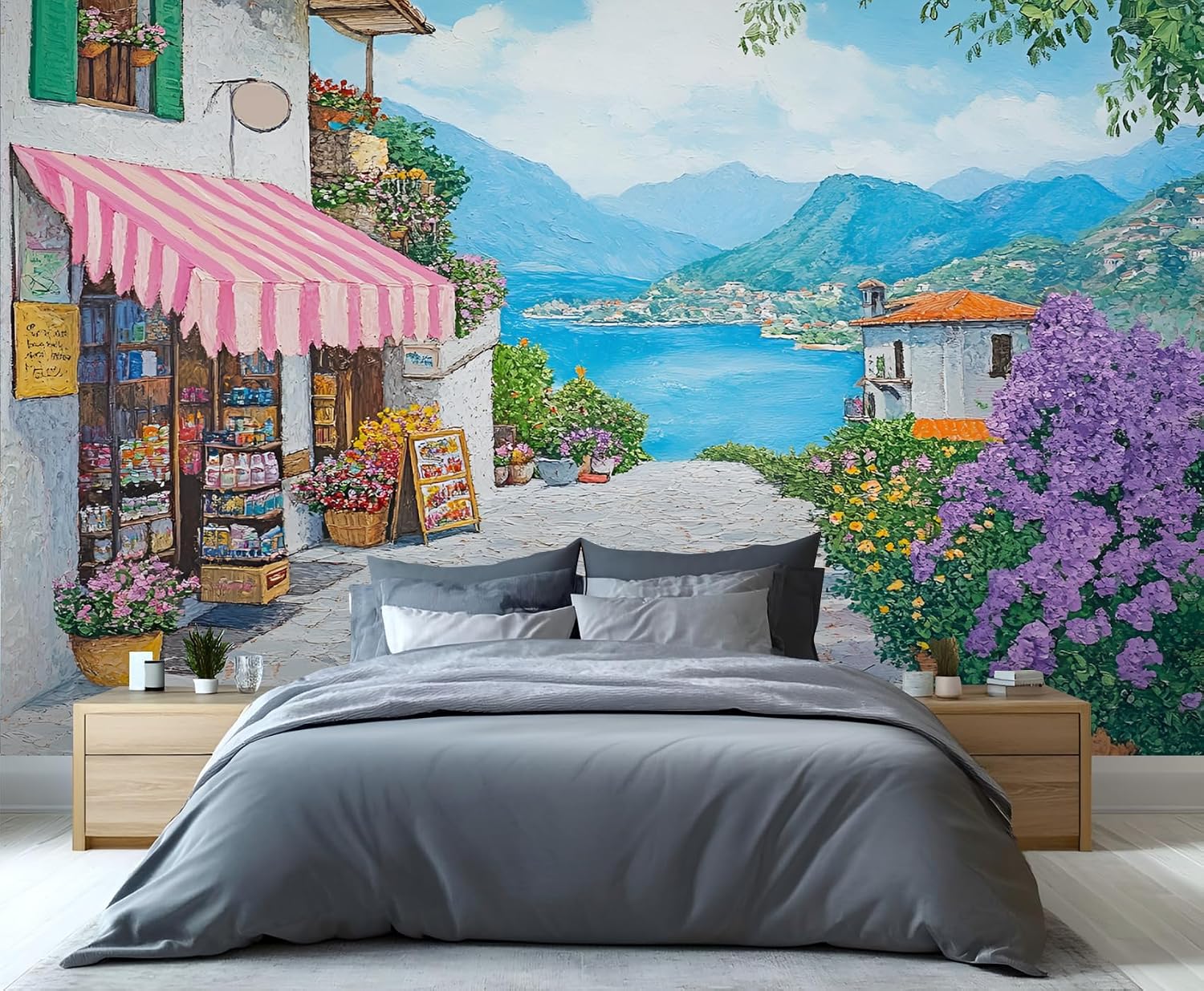 NIUEGAF Scenic Town Oil Painting Wall Mural European Architecture Wallpaper Large Lakeside Countryside Mural Wallpaper Wall for Bedroom Home Decor Living Room Dining Room Office Italian Landscape -27 157.5 x 110.3inch