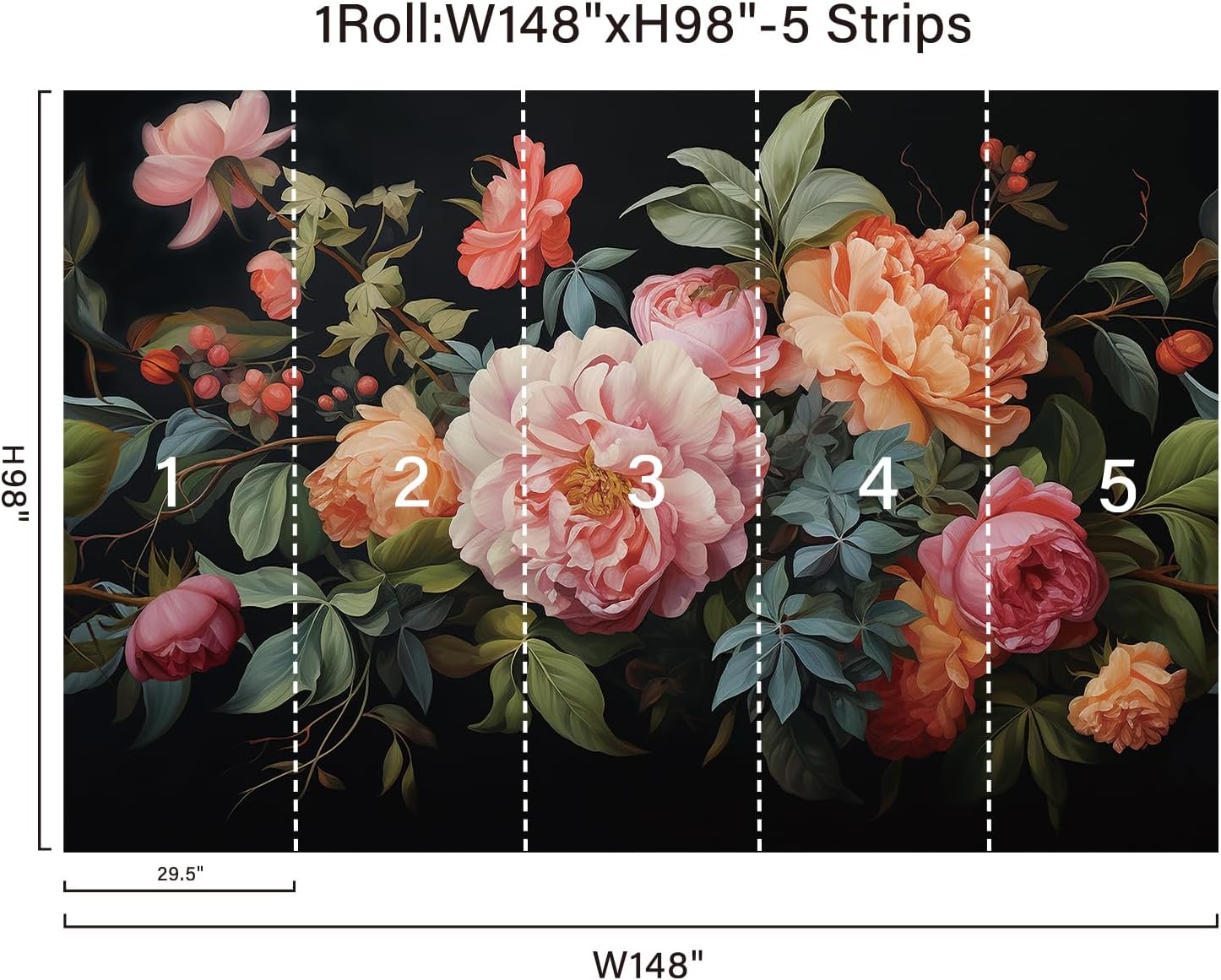 Zeeko Large Floral Peel and Stick Wall Murals 148" W x 98" H Vintage 3D Dark Peony Flowers Wallpaper Self Adhesive Nature Botanical Leaf Wall Stickers for Bedroom TV Background Living Room Decor 148" x 98" Pink/Orange/Green