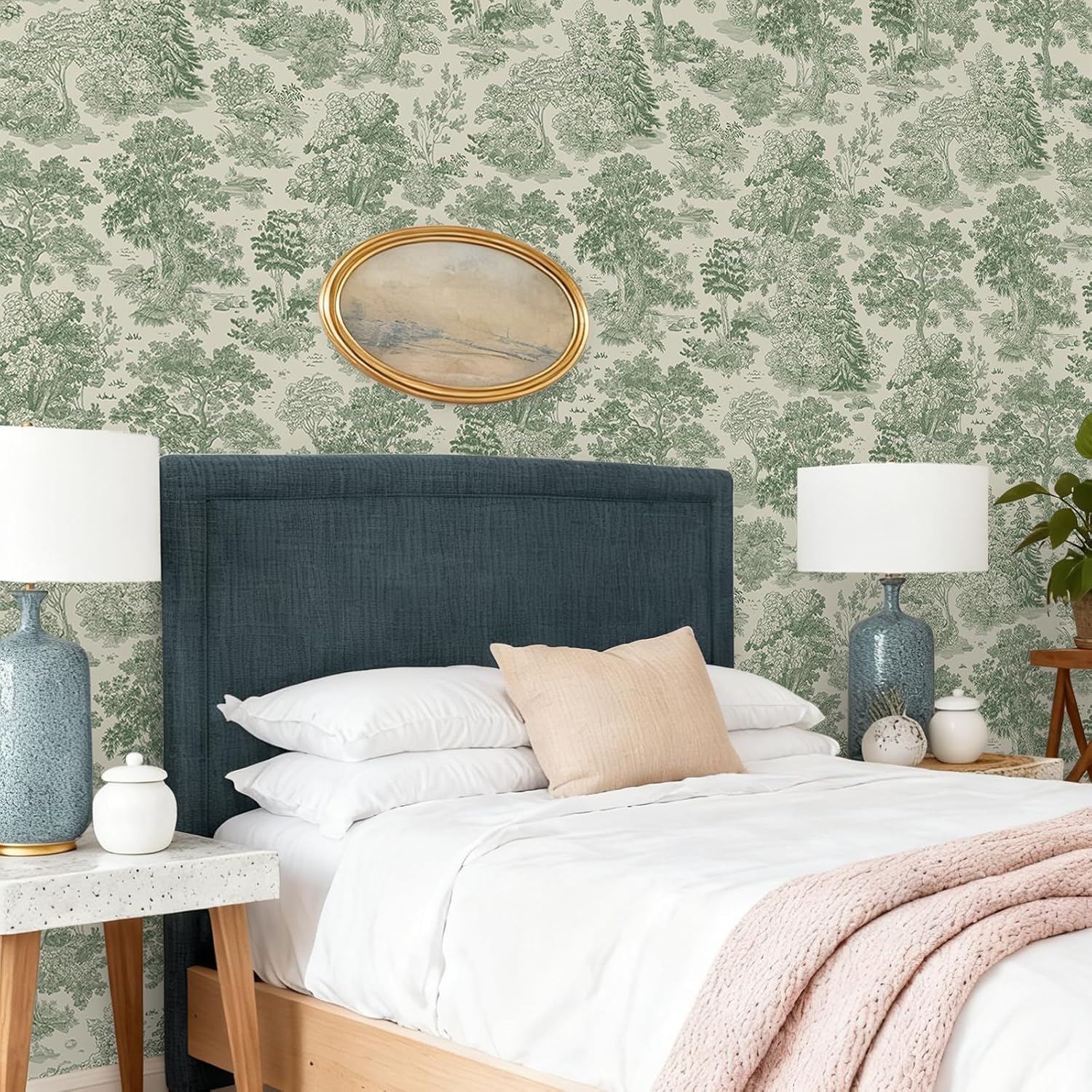 VEELIKE Green Toile Peel and Stick Wallpaper Vintage Landscape Forest Wallpaper for Bedroom Living Room 17.7''x354'' Green Chinoiserie Wall Paper Peel and Stick Toile Contact Paper for Cabinets Walls 17.7" x 354" Green